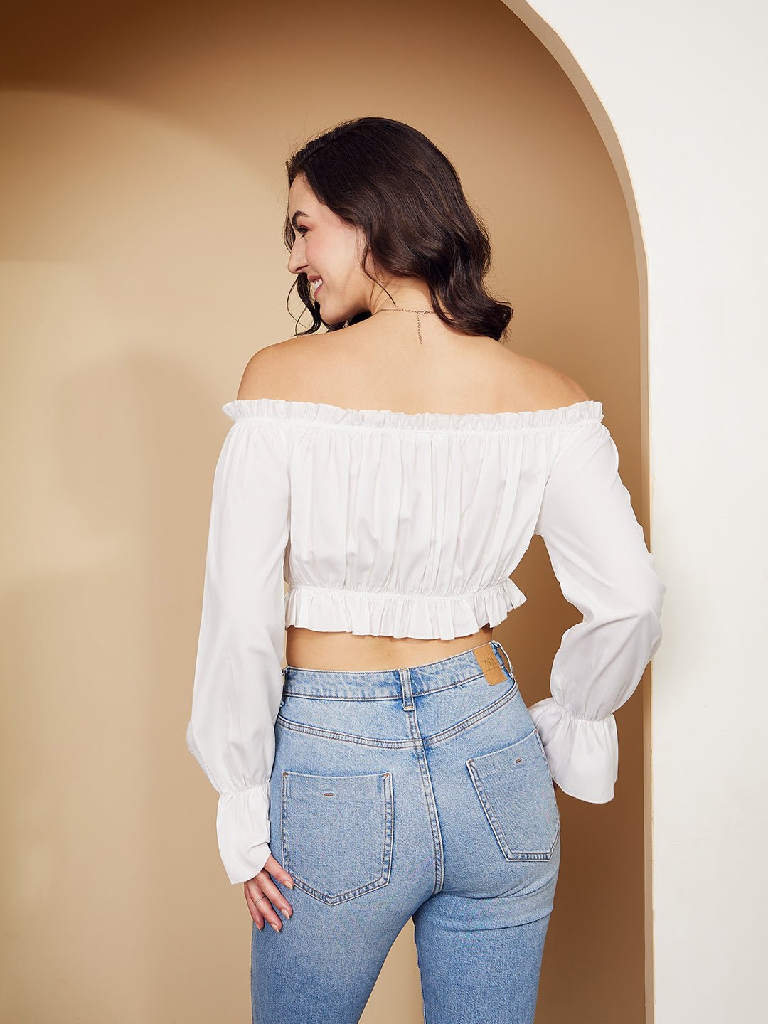 Folk Republic Women Solid White Off-Shoulder Neck Bishop Sleeves Crepe Pleated Crop Bardot Top - #folk republic#