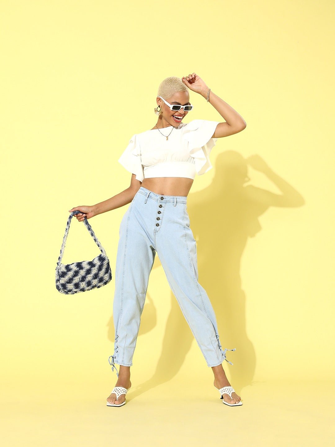 Folk Republic Women Solid White Open-Back Boat Neck Ruffled Crop Top - #folk republic#