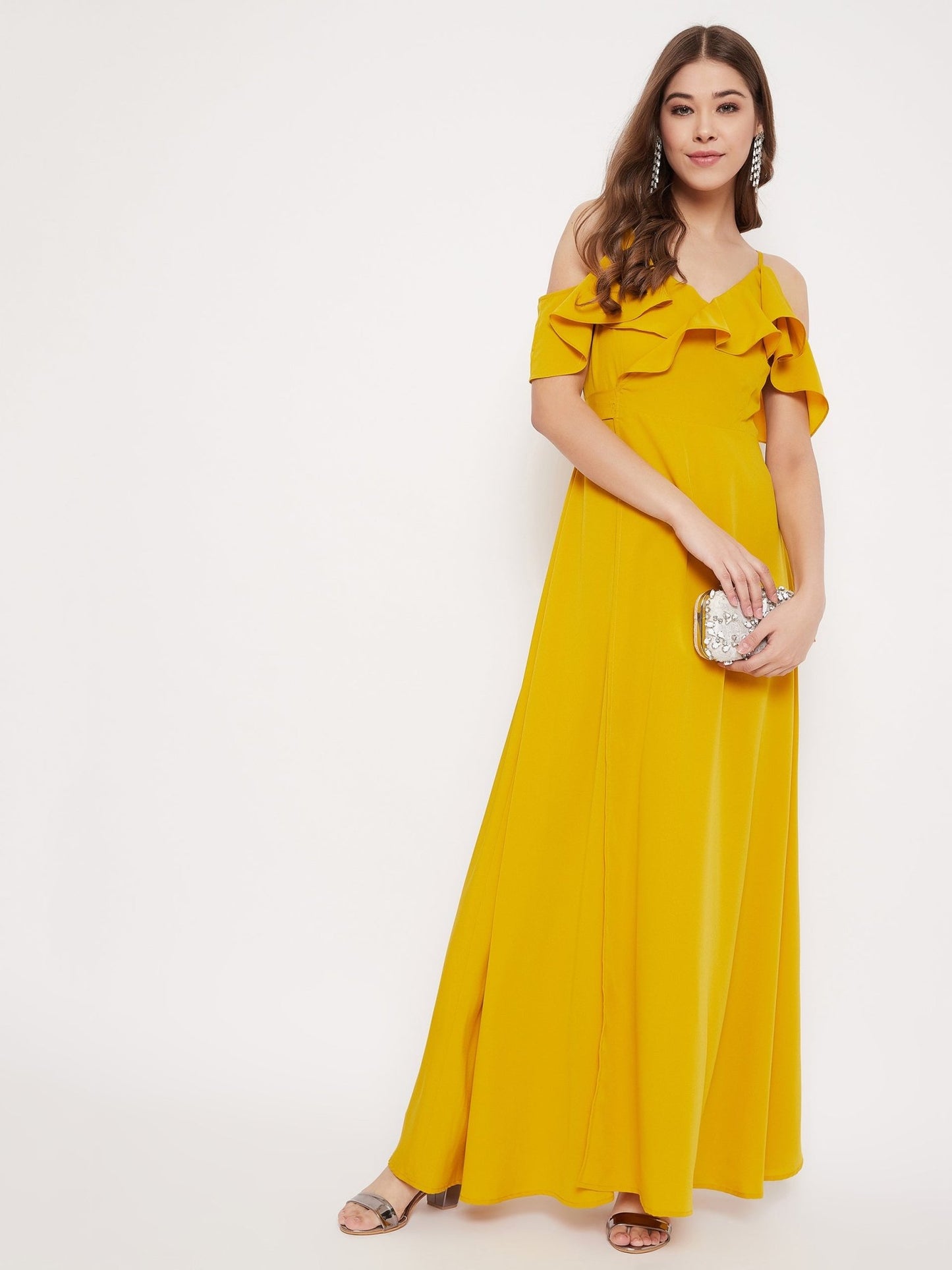 Folk Republic Women Solid Yellow Cold Shoulder Ruffled Maxi Dress - #folk republic#