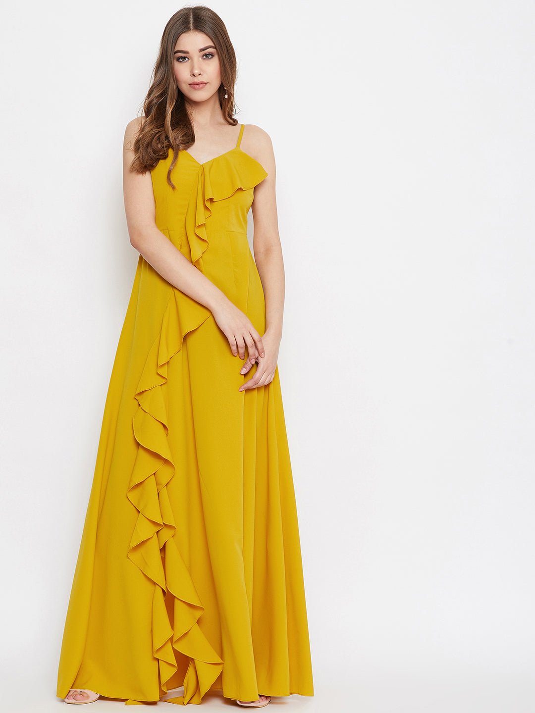 Folk Republic Women Solid Yellow Front Frill V-Neck Thigh-High Slit Maxi Dress - #folk republic#
