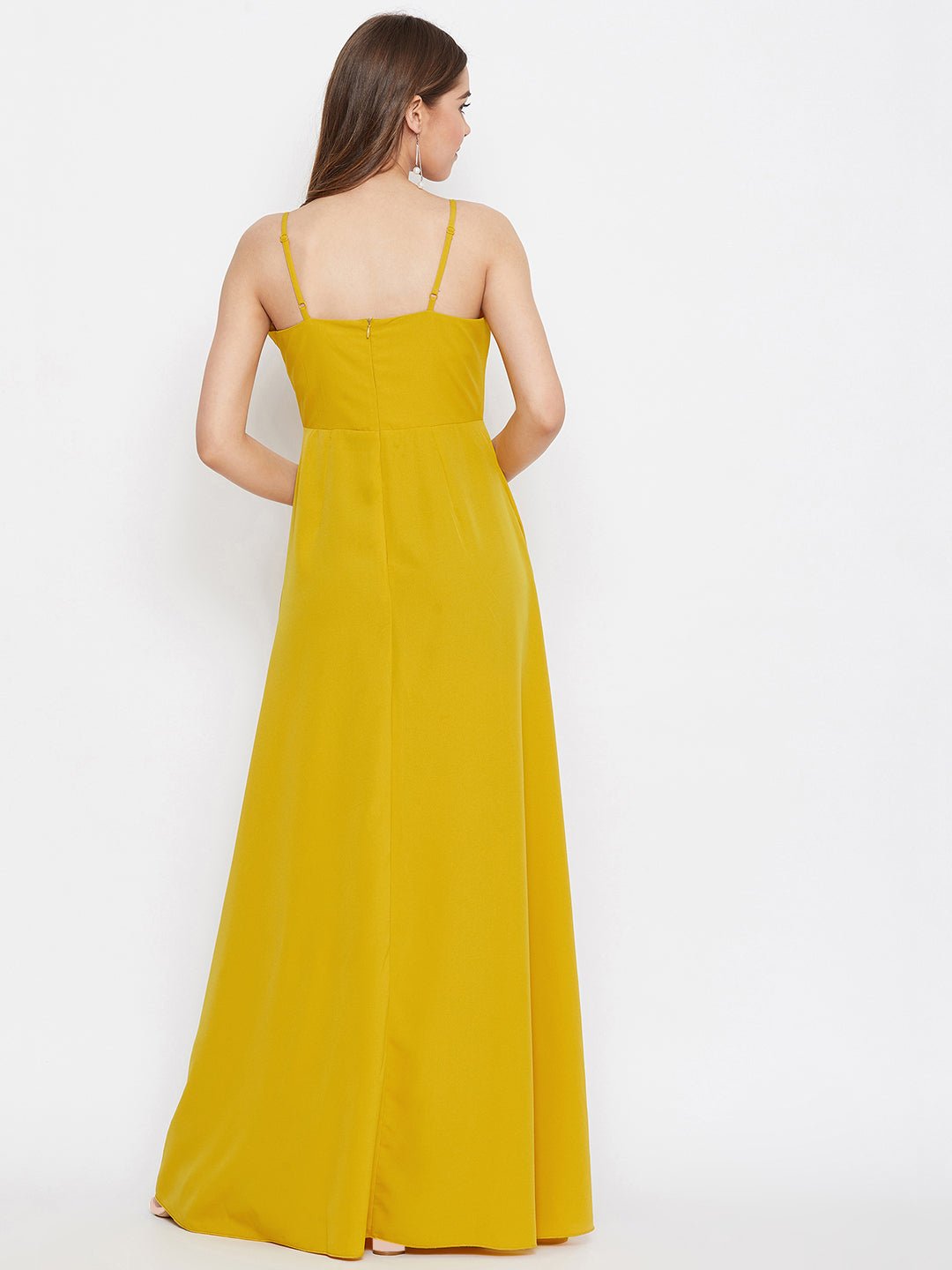 Folk Republic Women Solid Yellow Front Frill V-Neck Thigh-High Slit Maxi Dress - #folk republic#