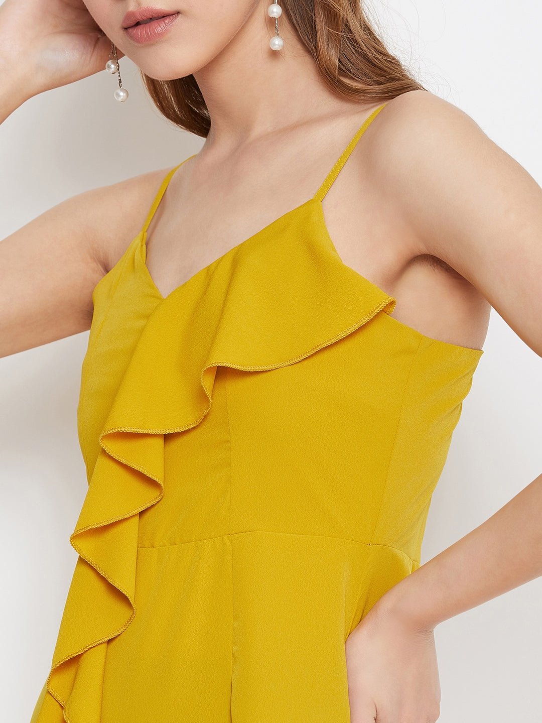 Folk Republic Women Solid Yellow Front Frill V-Neck Thigh-High Slit Maxi Dress - #folk republic#