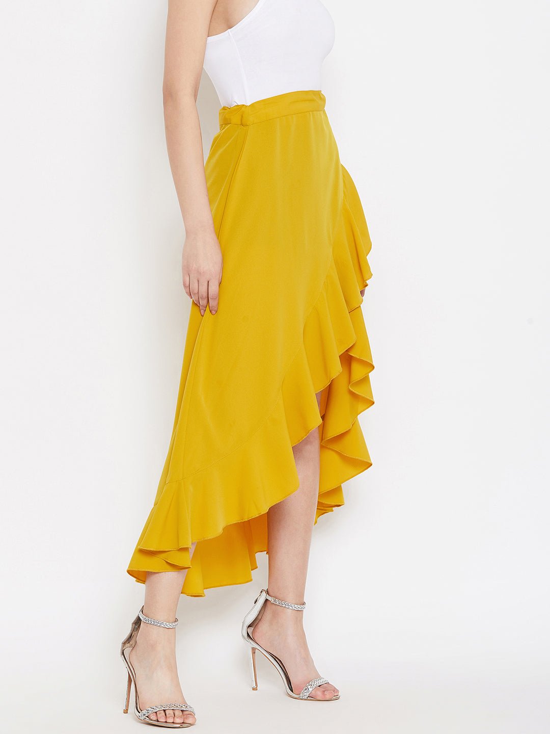Folk Republic Women Solid Yellow High-Low Ruffled Wrap Midi Skirt - #folk republic#
