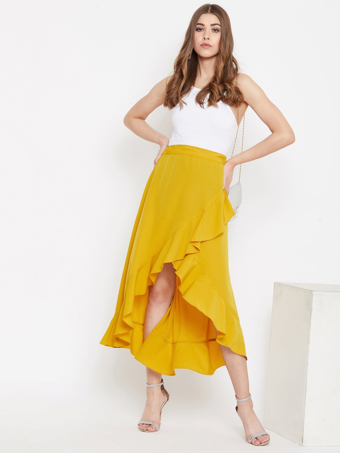 Folk Republic Women Solid Yellow High-Low Ruffled Wrap Midi Skirt - #folk republic#