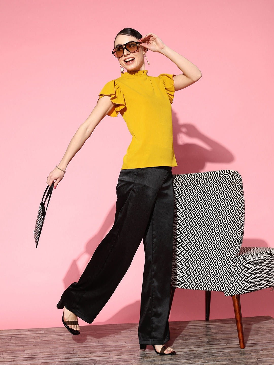 Folk Republic Women Solid Yellow High Neck Flutter Sleeves Button-Up Crepe Regular Top - #folk republic#