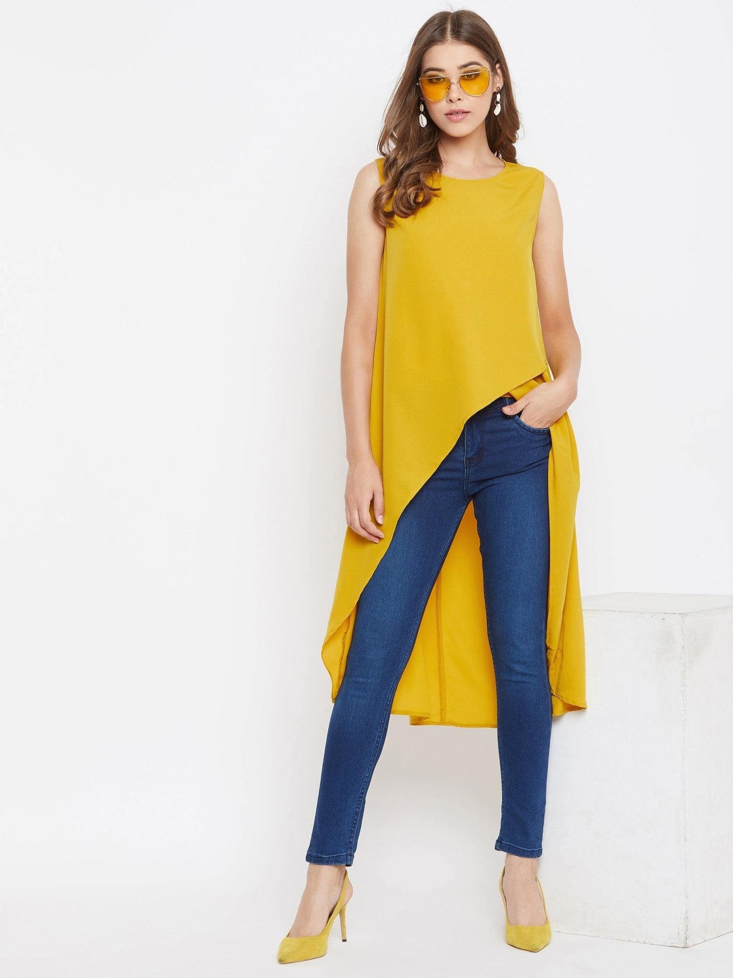 Folk Republic Women Solid Yellow Round Neck High-Low Longline Top - #folk republic#