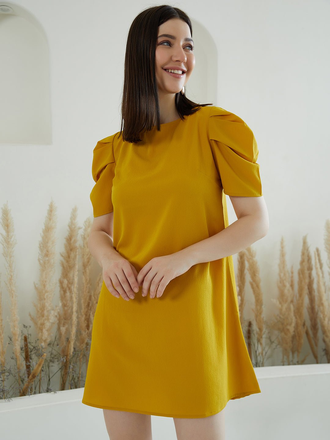 Folk Republic Women Solid Yellow Round Neck Puff Sleeve Button-Up Curved Hem A-Line Mini Dress - #folk republic#