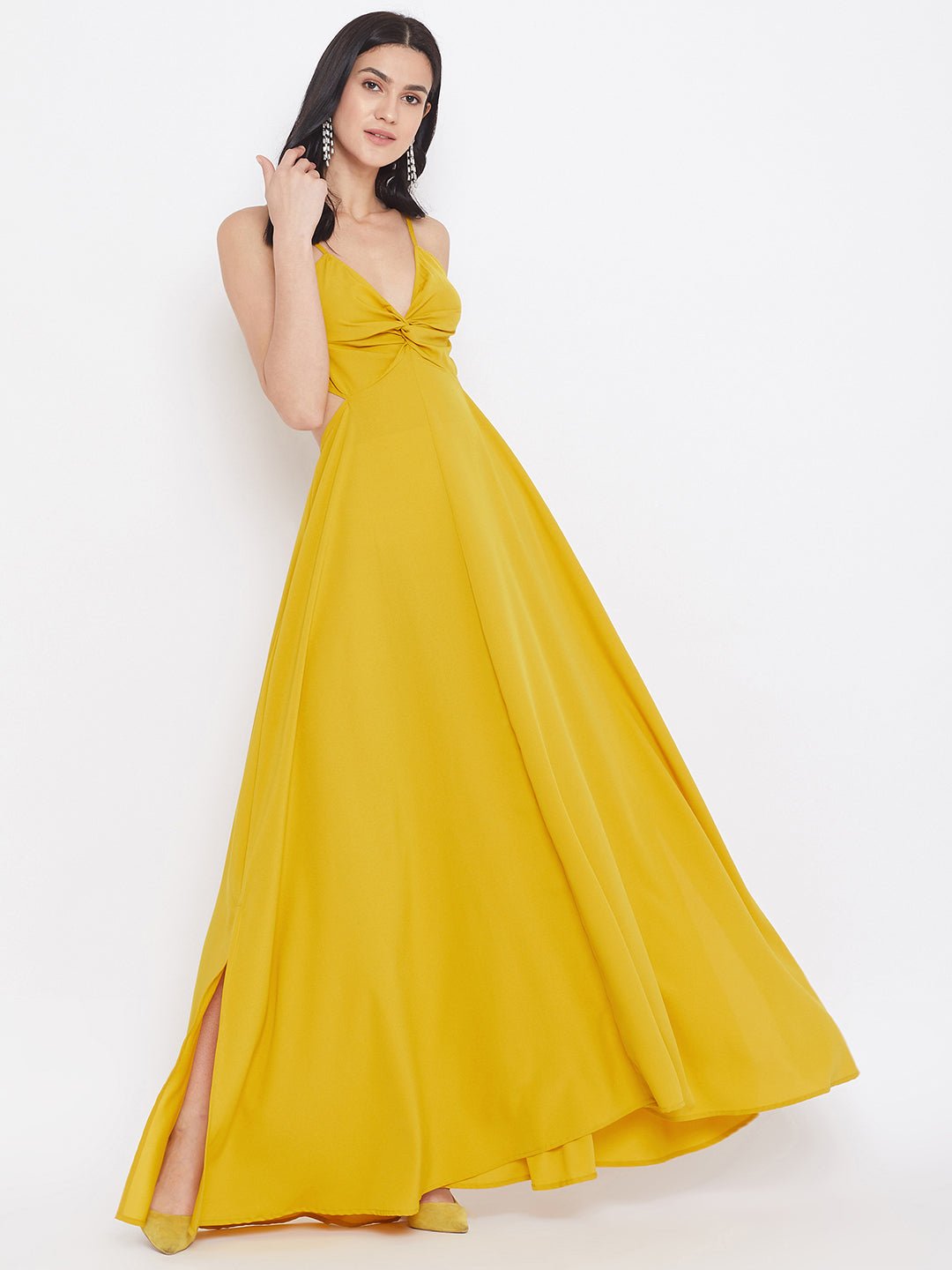Folk Republic Women Solid Yellow Strappy V-Neck A-Line Maxi Dress - #folk republic#