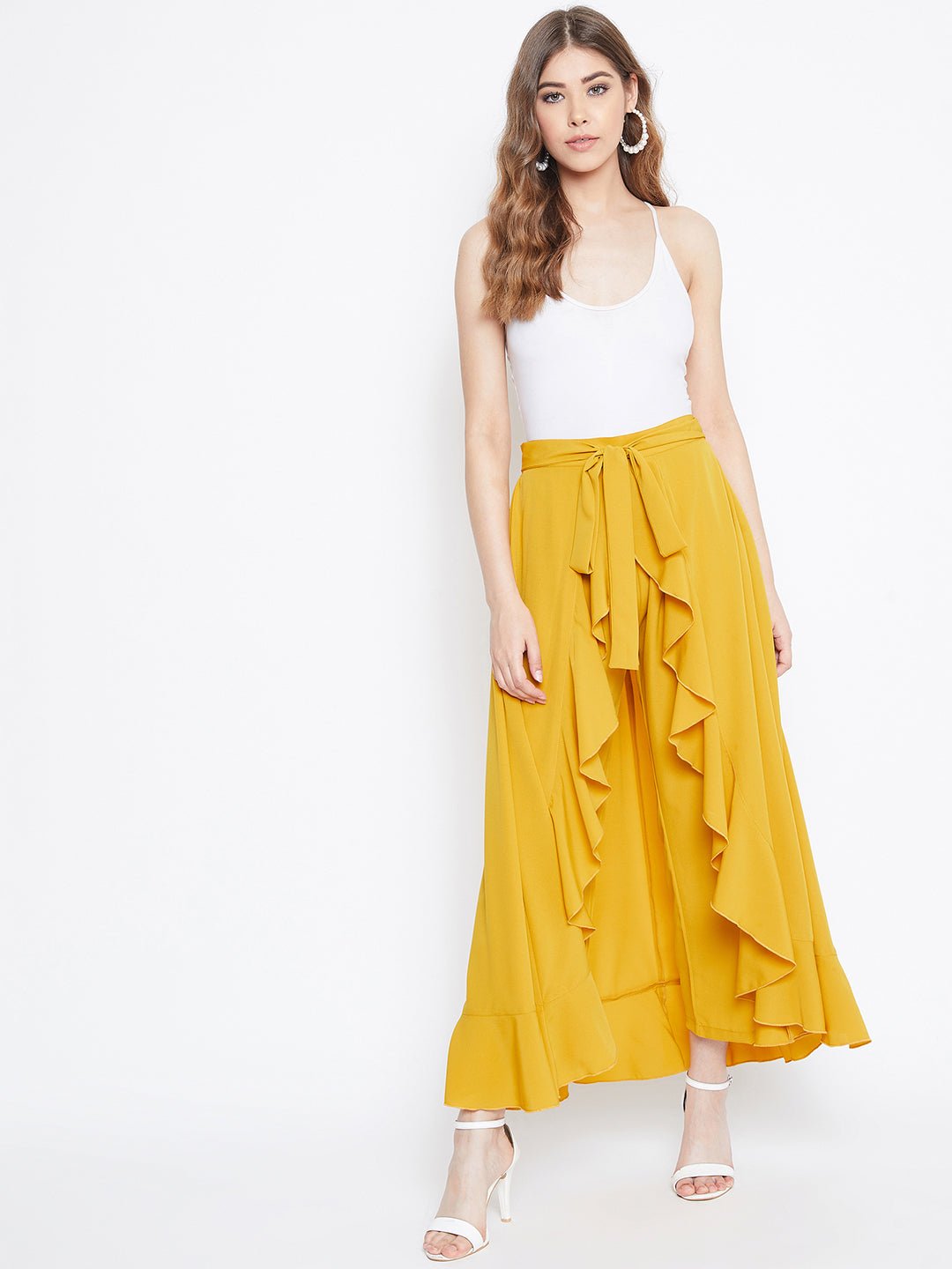 Folk Republic Women Solid Yellow Waist Tie-Up Ruffled Maxi Skirt With Attached Trousers - #folk republic#