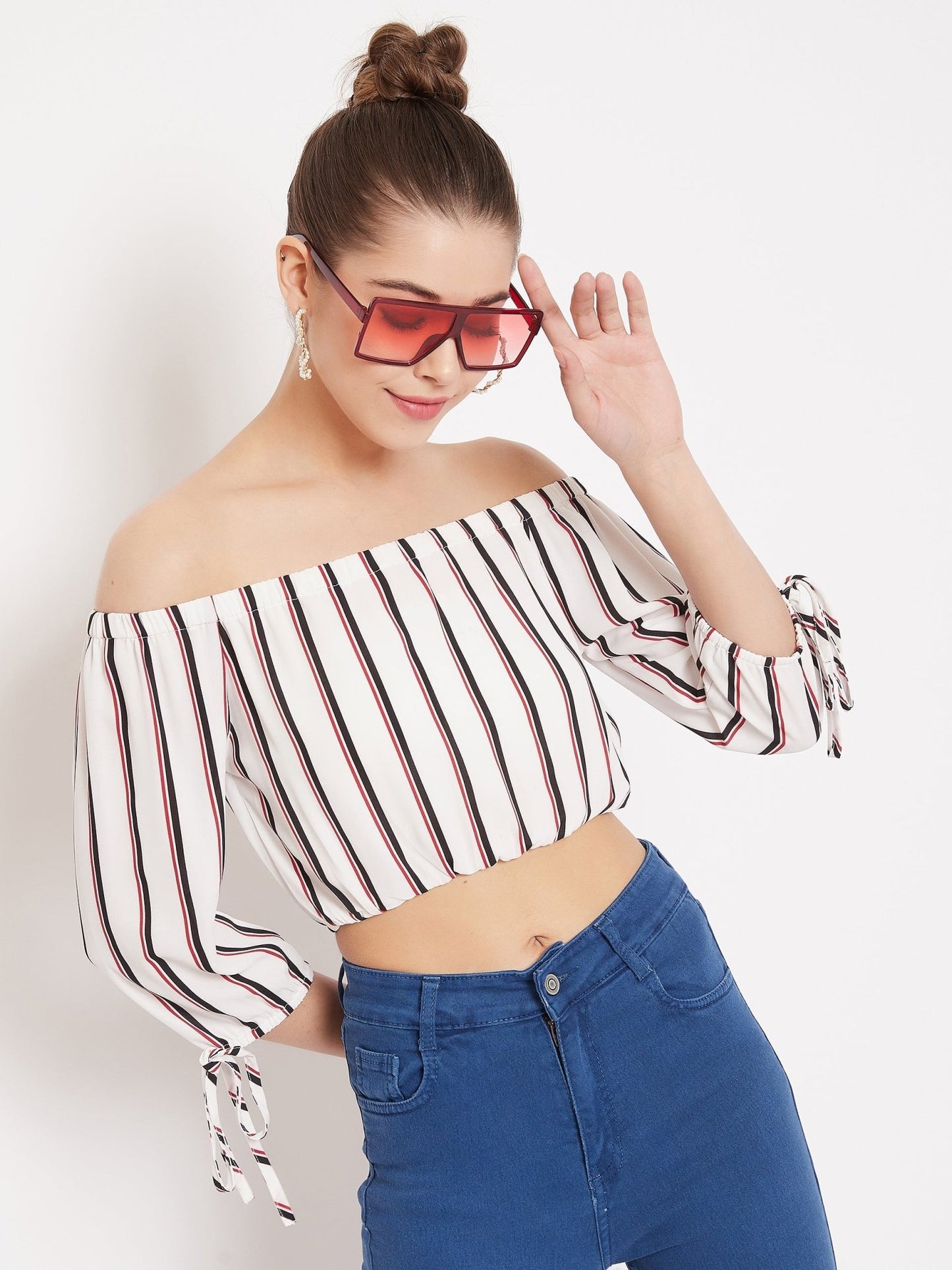 Folk Republic Women White & Black Stripe Printed Off-Shoulder Neck Tie-Up Cropped Bardot Top - #folk republic#