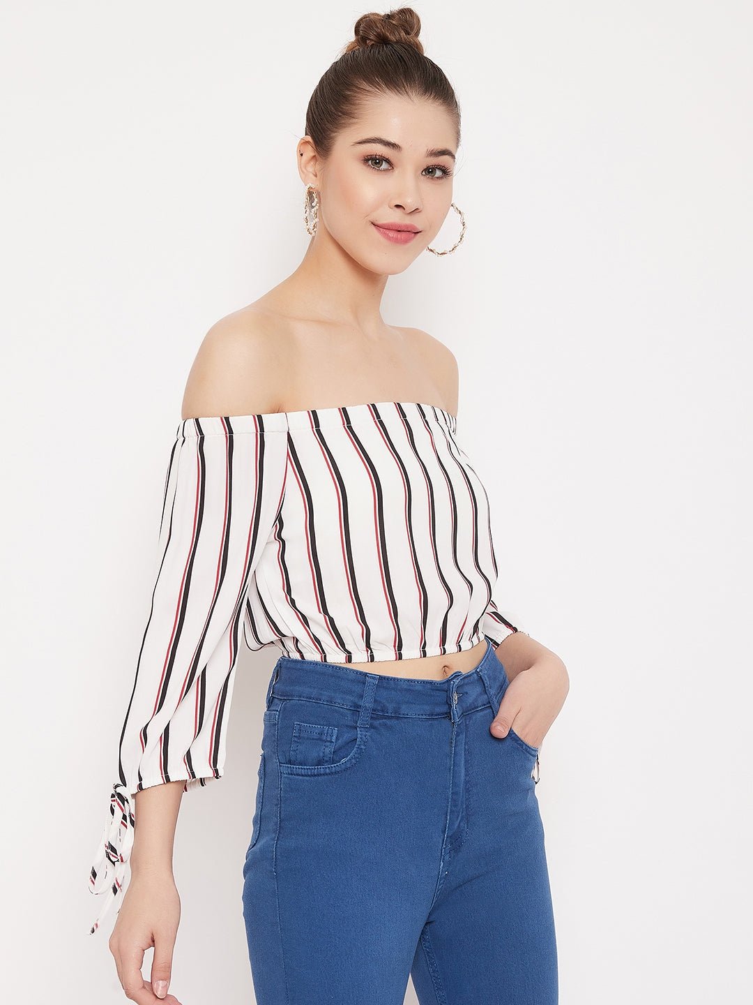 Folk Republic Women White & Black Stripe Printed Off-Shoulder Neck Tie-Up Cropped Bardot Top - #folk republic#