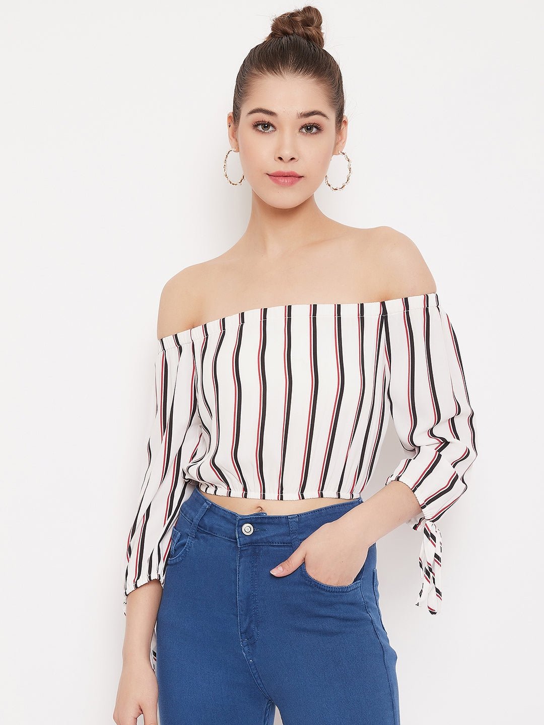 Folk Republic Women White & Black Stripe Printed Off-Shoulder Neck Tie-Up Cropped Bardot Top - #folk republic#
