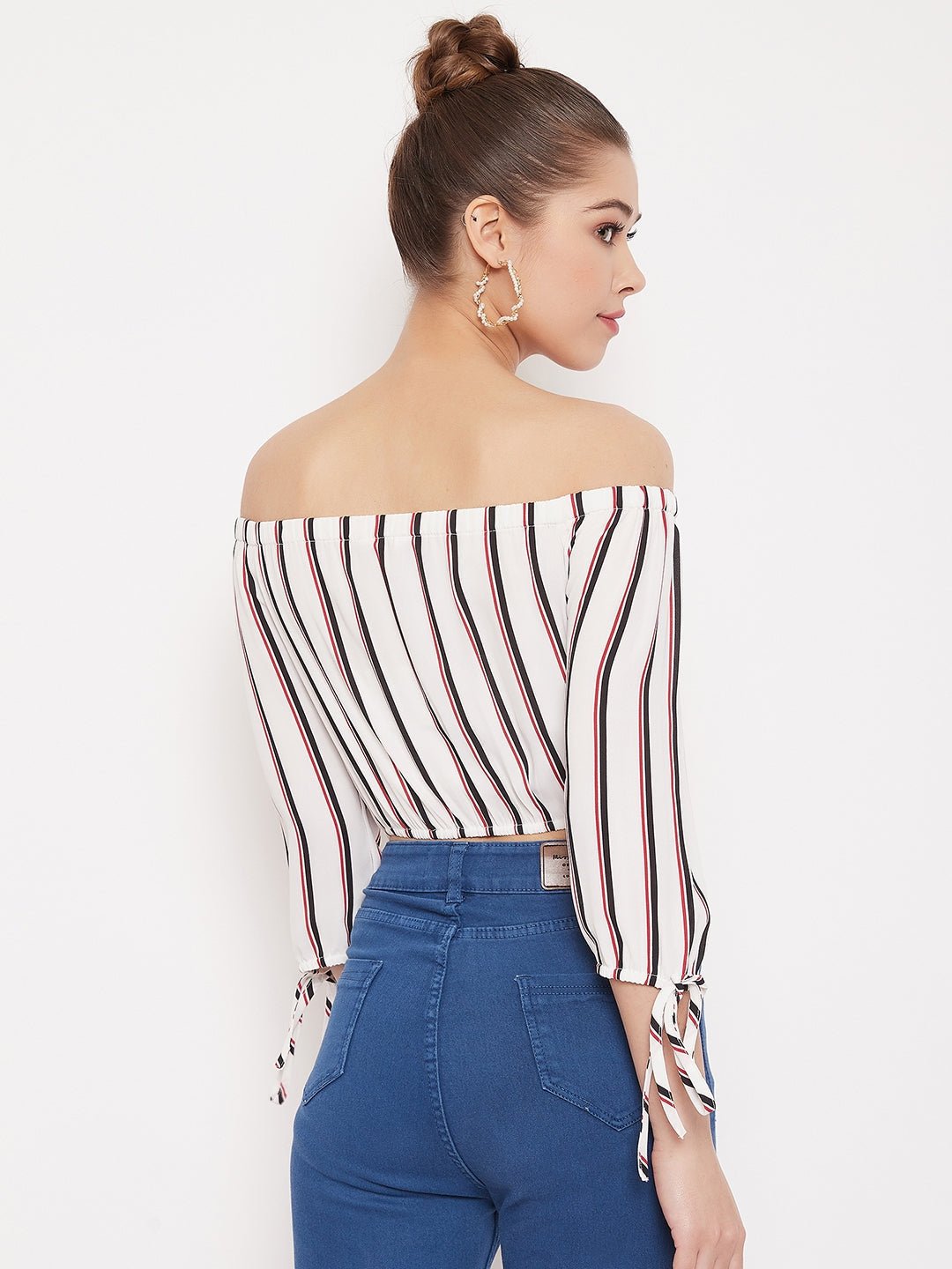 Folk Republic Women White & Black Stripe Printed Off-Shoulder Neck Tie-Up Cropped Bardot Top - #folk republic#