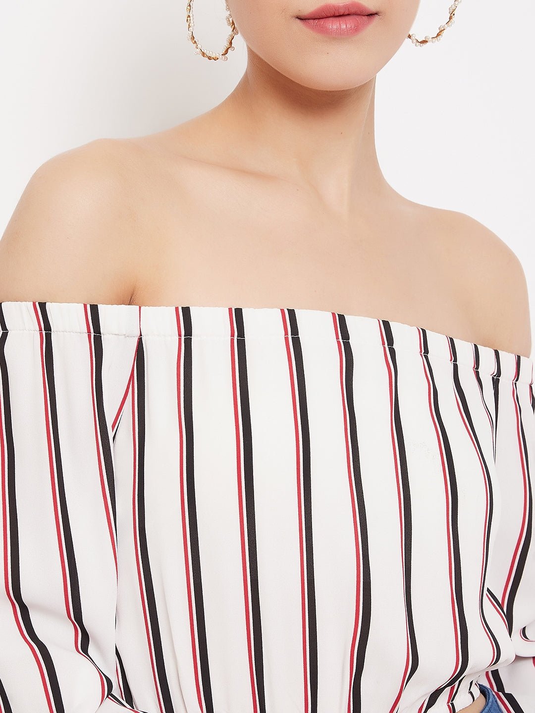 Folk Republic Women White & Black Stripe Printed Off-Shoulder Neck Tie-Up Cropped Bardot Top - #folk republic#