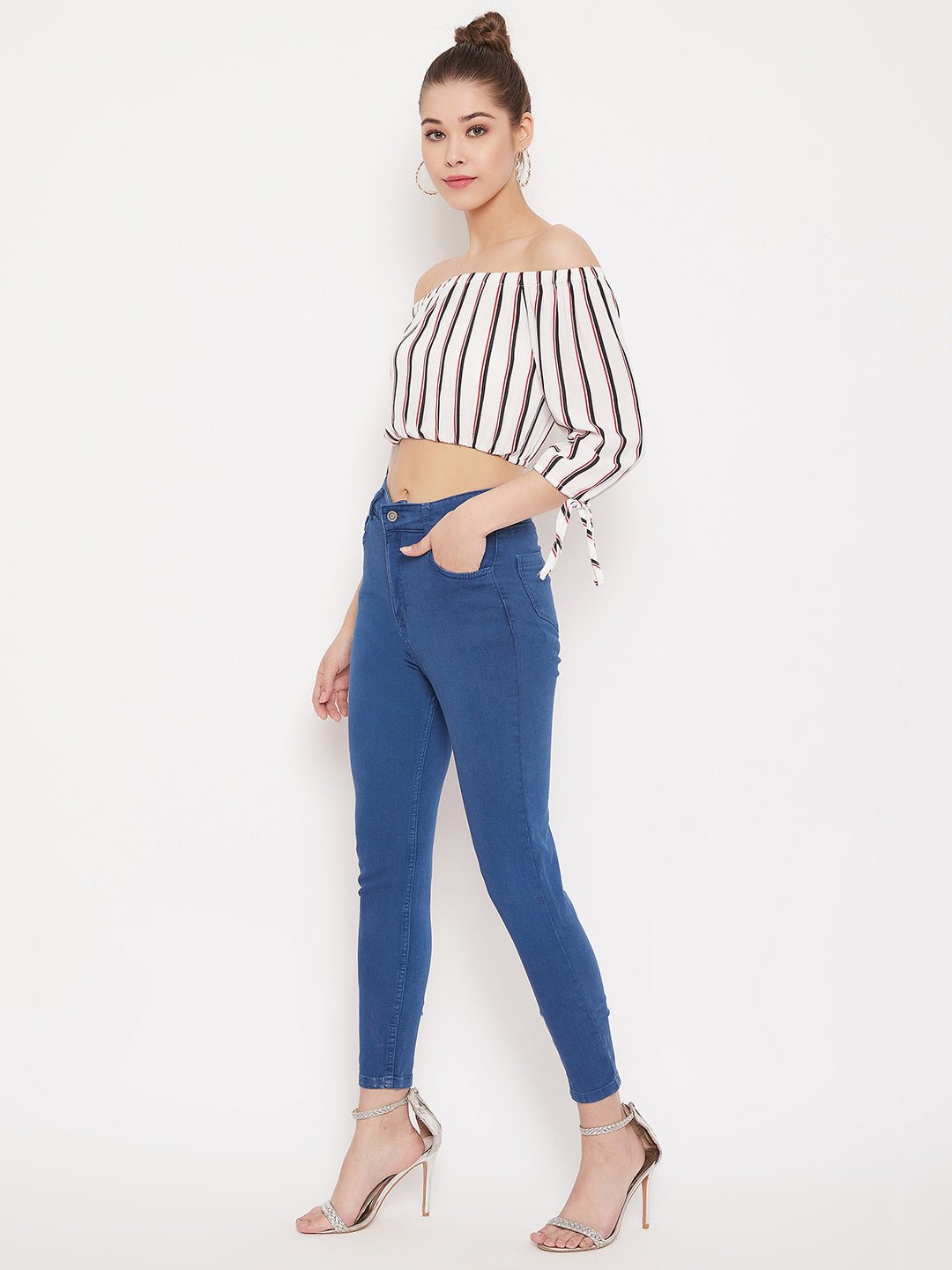 Folk Republic Women White & Black Stripe Printed Off-Shoulder Neck Tie-Up Cropped Bardot Top - #folk republic#