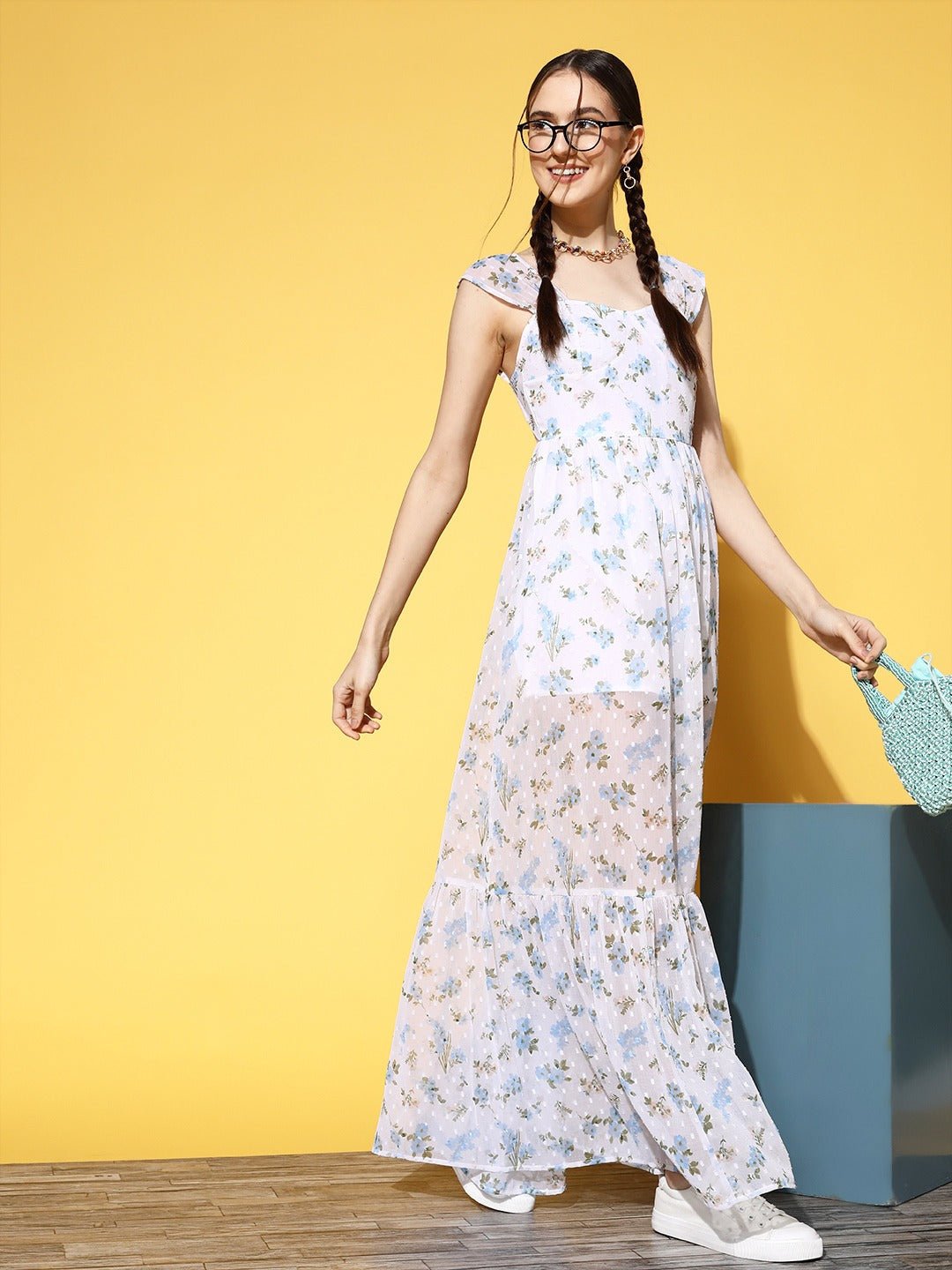 Folk Republic Women White & Blue Floral Printed Dobby Weave Sweetheart Neck Flounce Hem Tiered Maxi Dress - #folk republic#