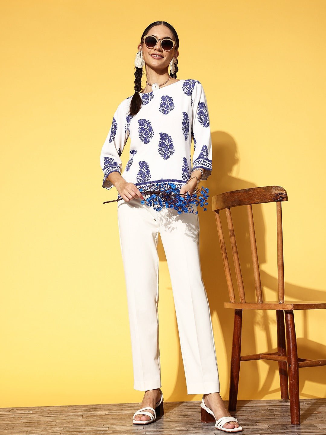 Folk Republic Women White & Blue Paisley Printed Boat Neck Three-Quarter Sleeve Cotton Woven Regular Top - #folk republic#