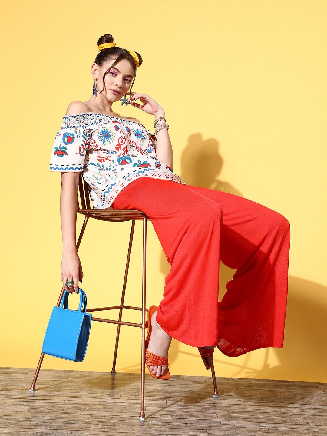 Folk Republic Women White & Blue Tribal Printed Off-Shoulder Neck Crepe Regular Top - #folk republic#