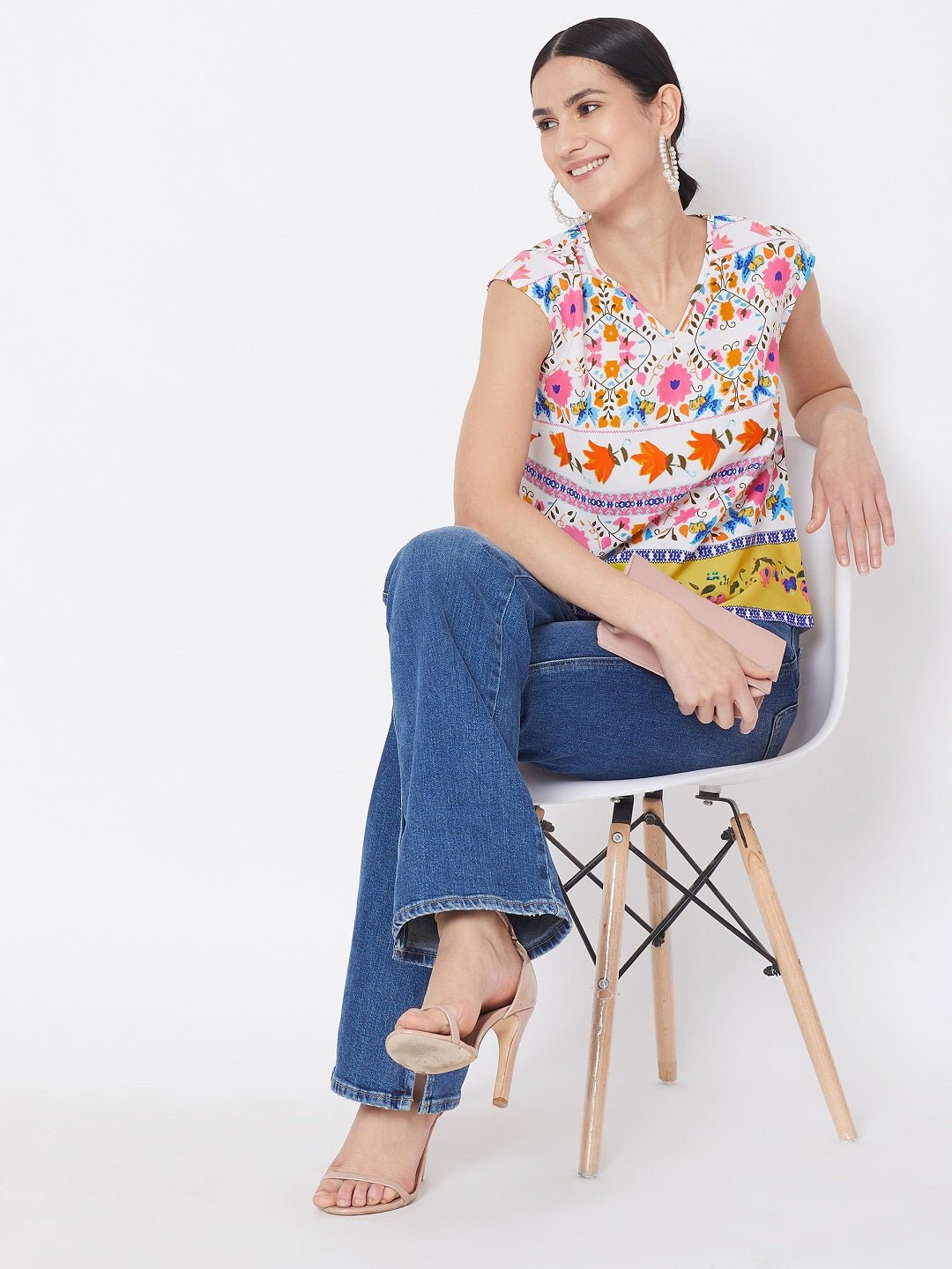 Folk Republic Women White & Multicolour Floral Printed V-Neck Cap Sleeve Regular Top - #folk republic#