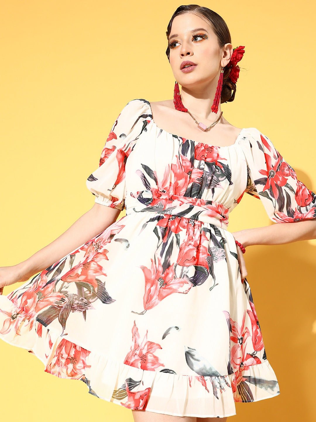 Folk Republic Women White & Red Floral Printed Square Neck Georgette Flounce Hem A-Line Mini Dress - #folk republic#