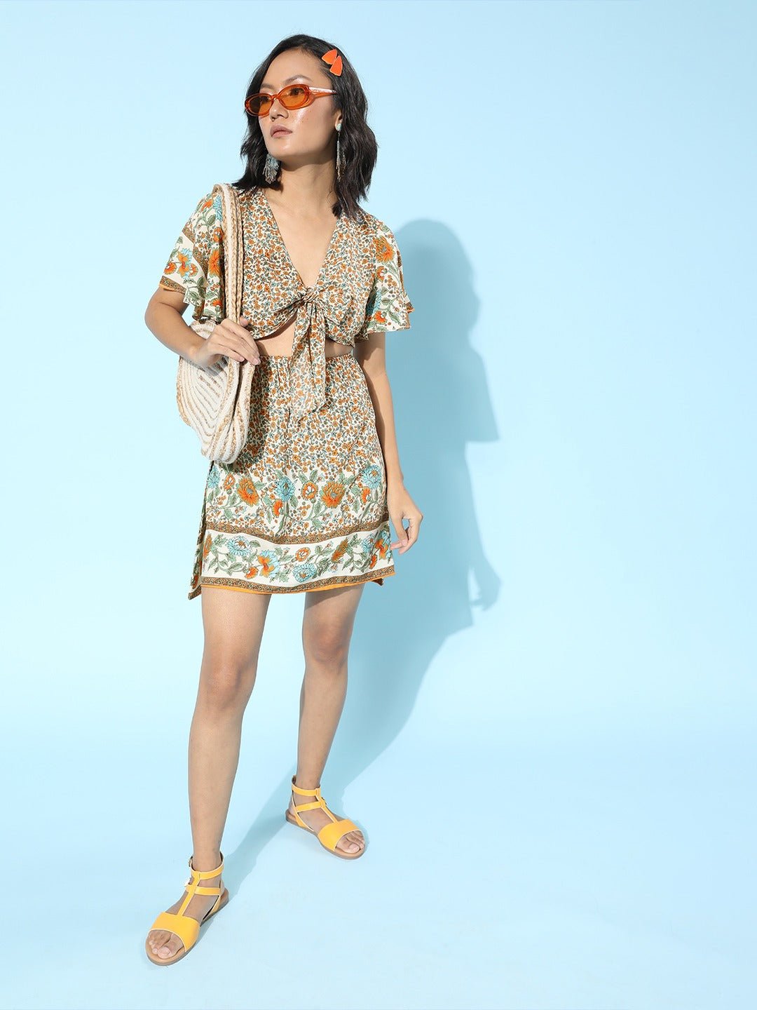 Folk Republic Women White & Tan Floral Printed V-Neck Front Tie-Knot Flared A-Line Mini Dress - #folk republic#