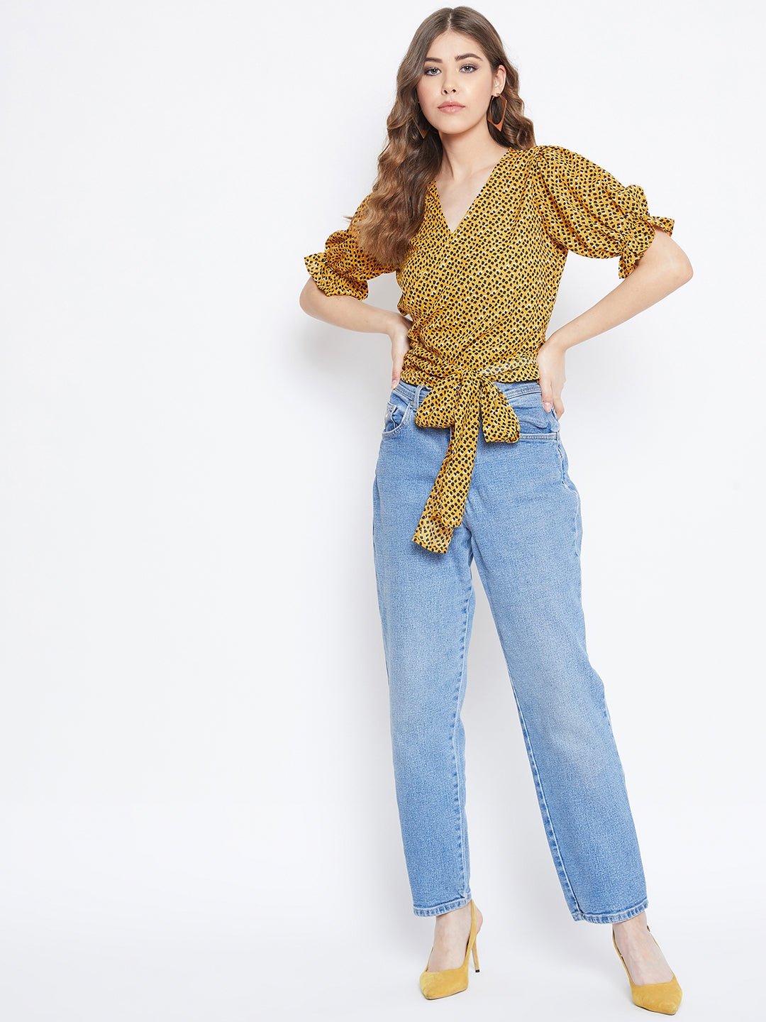 Folk Republic Women Yellow & Black Leopard Printed V-Neck Tie-Up Knot Wrap Top - #folk republic#