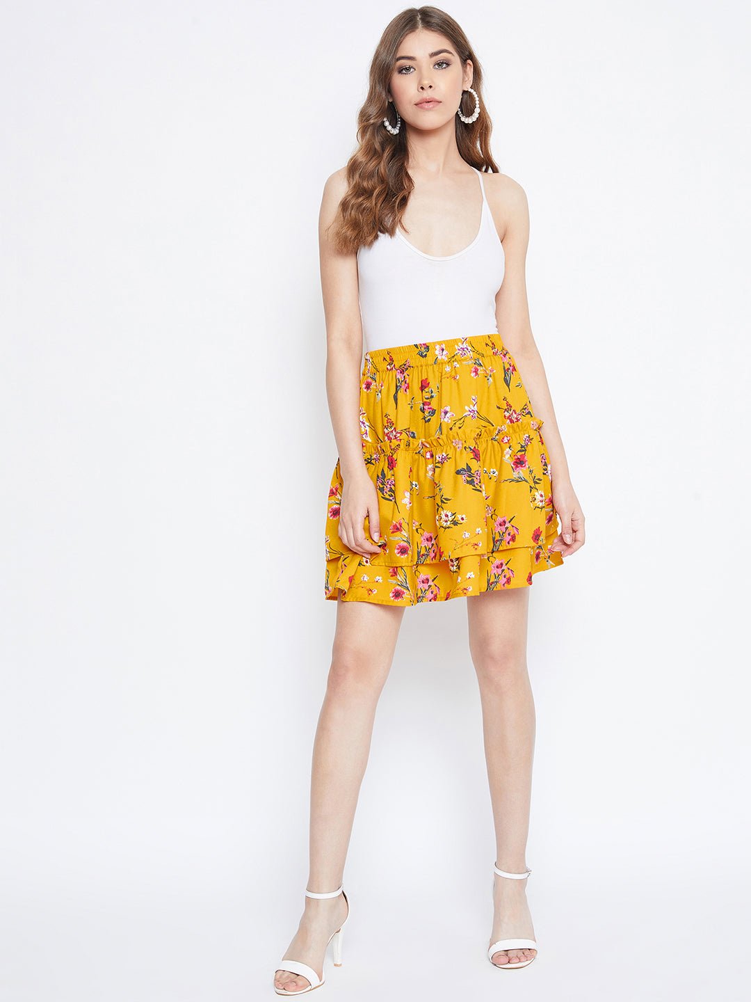 Folk Republic Women Yellow Floral Print Layered Slip-On Mini Skirt - #folk republic#