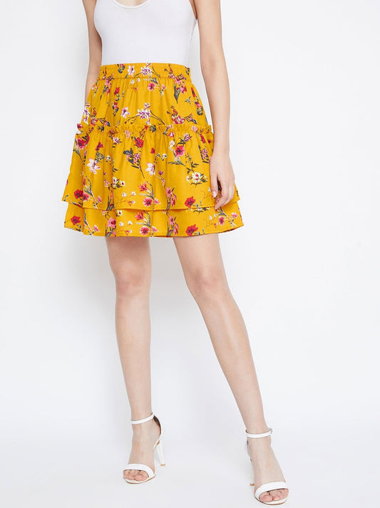 Folk Republic Women Yellow Floral Print Layered Slip-On Mini Skirt - #folk republic#