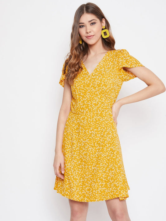 Folk Republic Women Yellow Floral Printed A-Line Wrap Mini Dress - #folk republic#