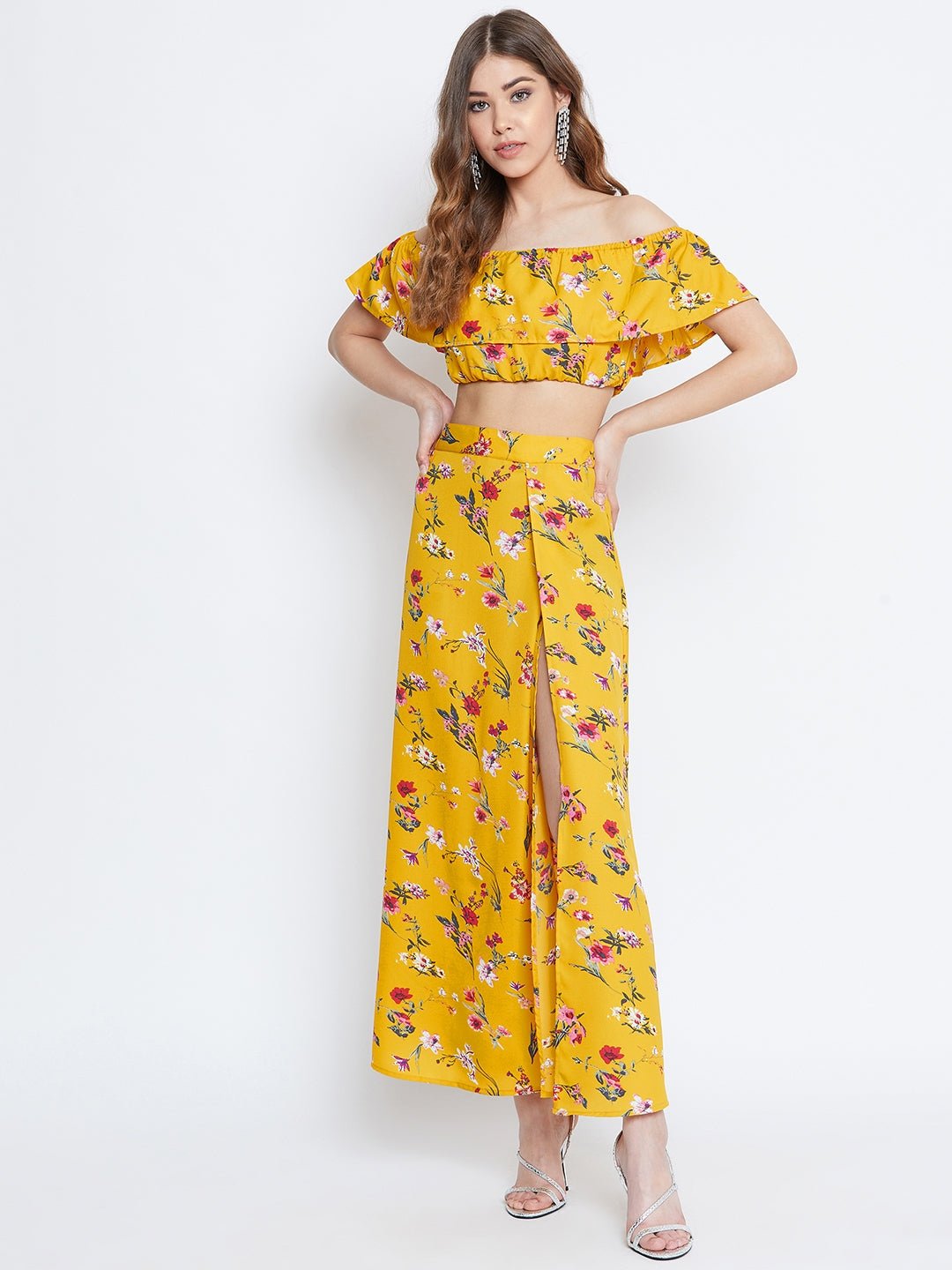 Folk Republic Women Yellow Floral Printed Off-Shoulder Co-Ordinate Maxi Dress - #folk republic#