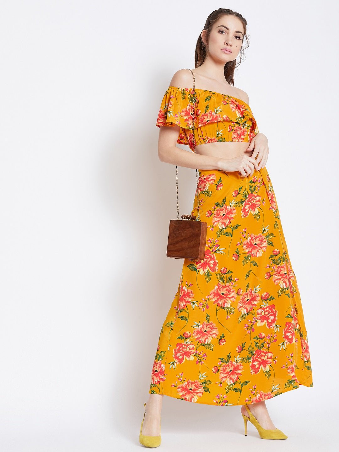 Folk Republic Women Yellow Floral Printed Off-Shoulder Co-Ordinate Maxi Dress - #folk republic#