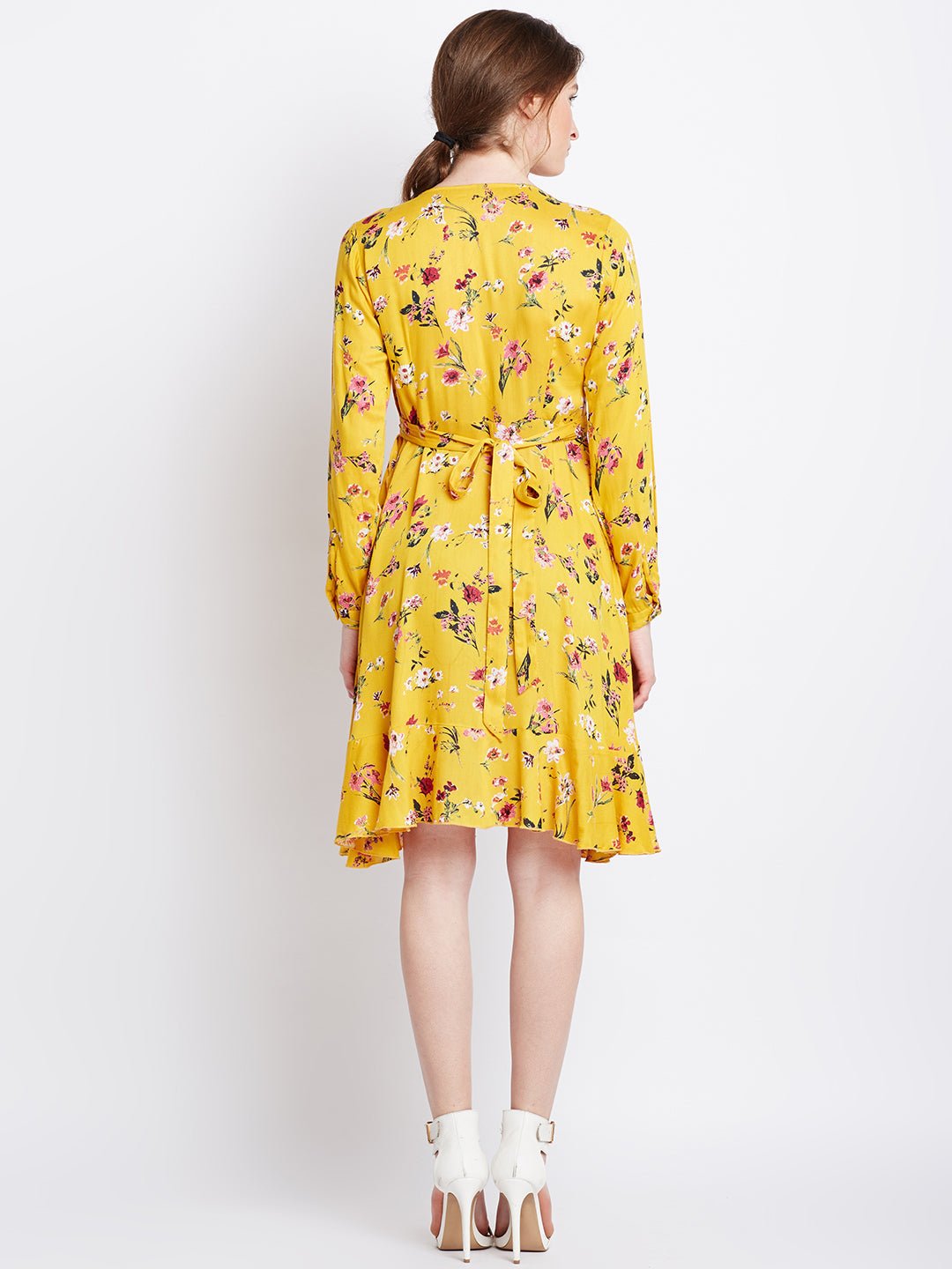 Folk Republic Women Yellow Floral Printed V-Neck Ruffled Fit & Flare Mini Dress - #folk republic#