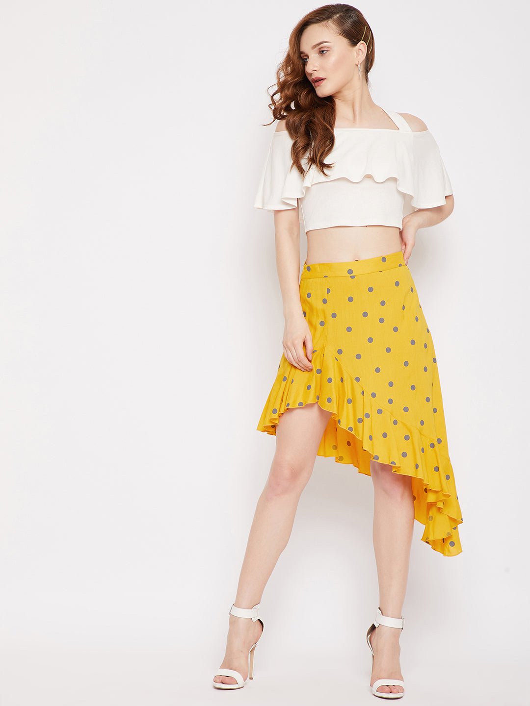 Folk Republic Women Yellow & Grey Polka Dot Printed Asymmetric Hem Ruffled Mini Skirt - #folk republic#