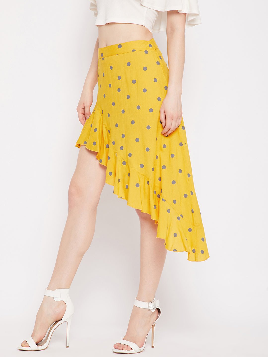 Folk Republic Women Yellow & Grey Polka Dot Printed Asymmetric Hem Ruffled Mini Skirt - #folk republic#