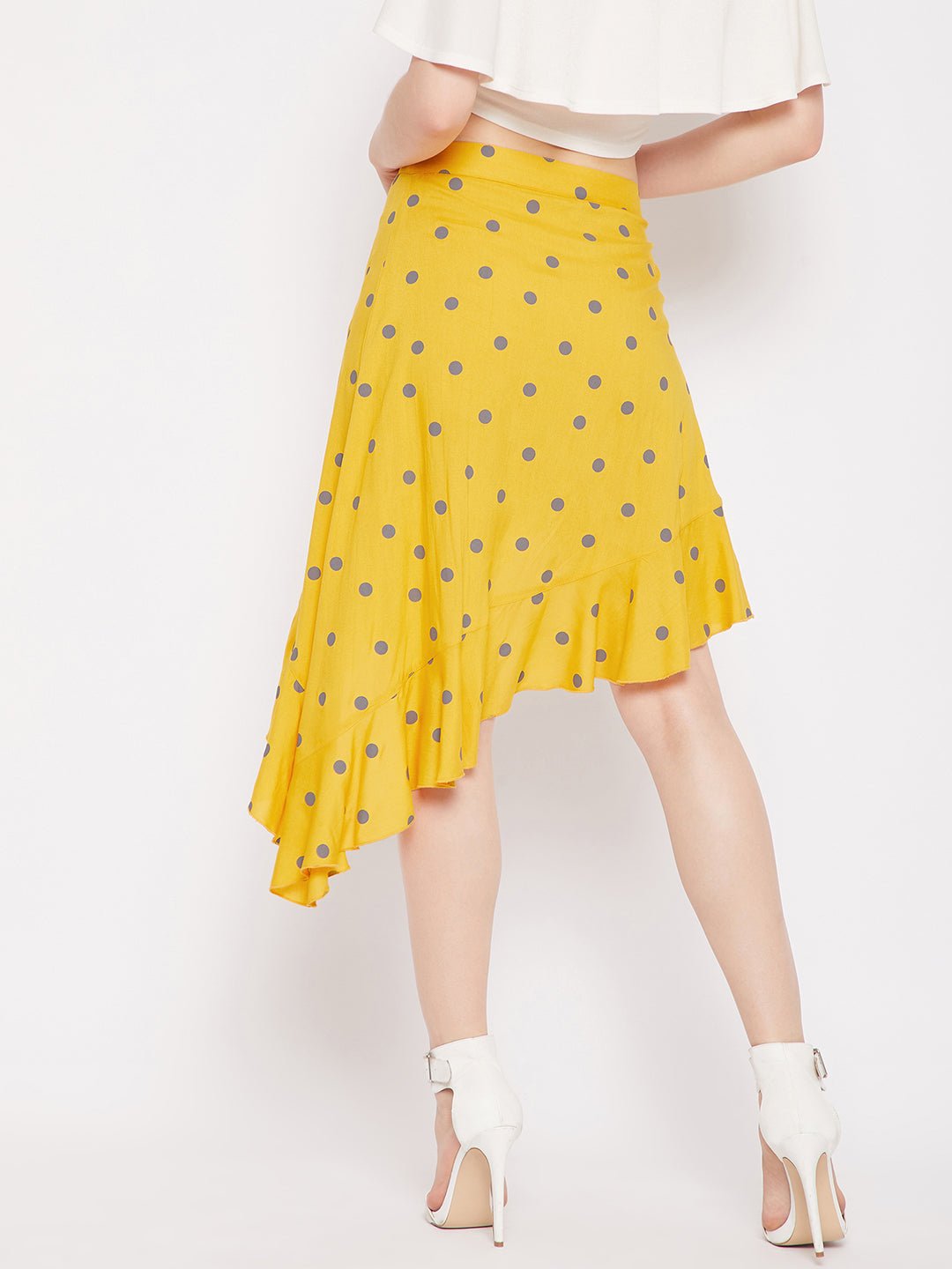 Folk Republic Women Yellow & Grey Polka Dot Printed Asymmetric Hem Ruffled Mini Skirt - #folk republic#