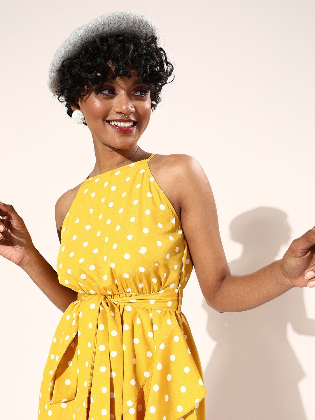 Folk Republic Women Yellow Polka Dot Printed Square Neck Waist Tie-Up Asymmetrical Fit & Flare Midi Dress - #folk republic#