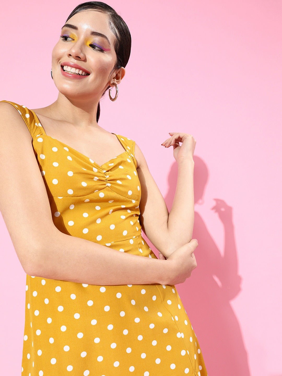 Folk Republic Women Yellow Polka Dot Printed Sweetheart Neck Flared A-Line Midi Dress - #folk republic#