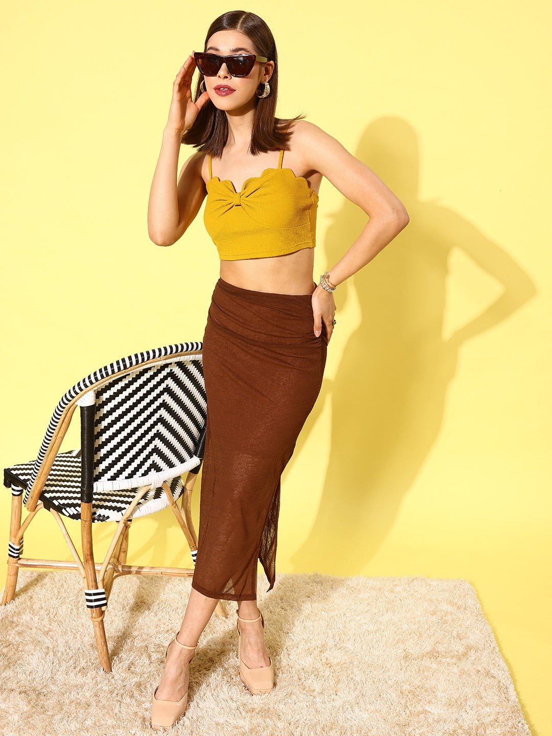 Folk Republic Women Yellow Solid Shoulder Straps Fitted Crop Top - #folk republic#
