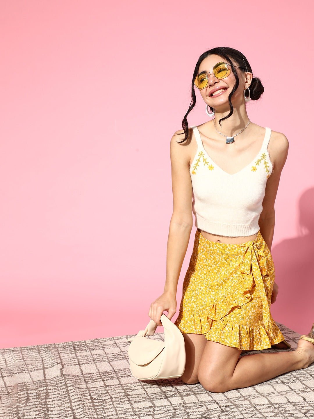 Folk Republic Women Yellow & White Ditsy Floral Printed Waist Tie-Up Ruffled Wrap Mini Skirt - #folk republic#