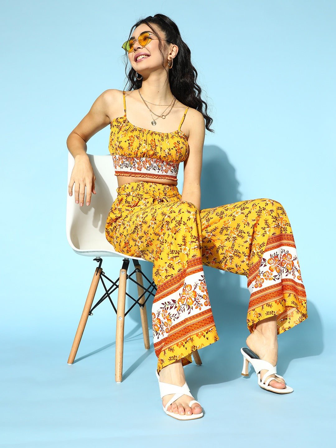 Folk Republic Women Yellow & White Floral Printed Round Neck Waist Tie-Up Crop Top & Wide-Leg Trousers Set - #folk republic#