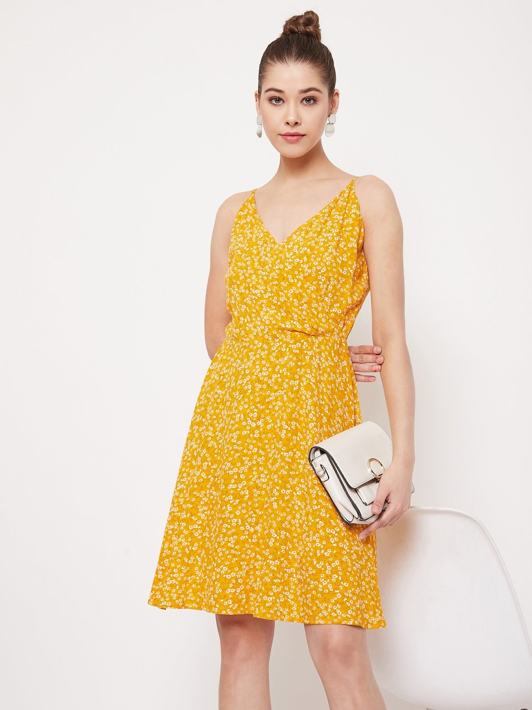 Folk Republic Women Yellow & White Floral Printed V-Neck Fit & Flare Mini Dress - #folk republic#