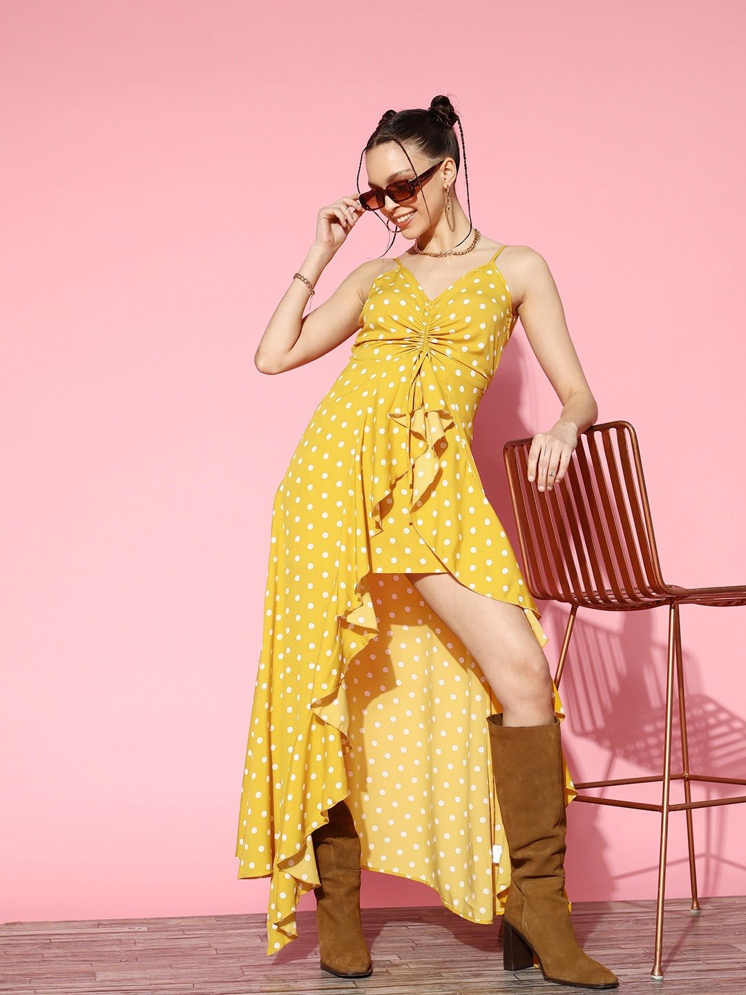 Folk Republic Women Yellow & White Polka Dot Printed V-Neck Sleeveless Crepe High-Low Ruffled Maxi Dress - #folk republic#