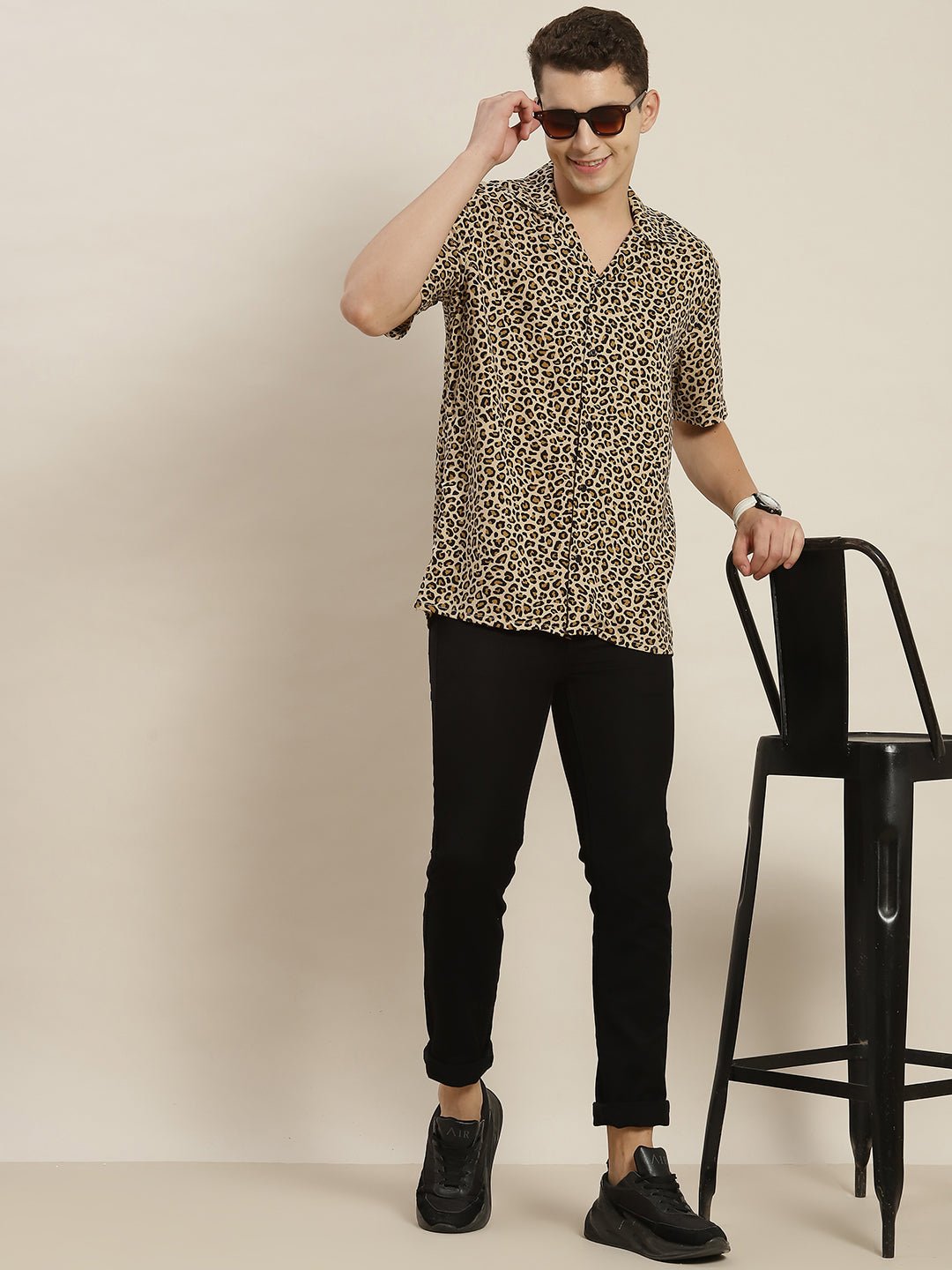 Men Beige & Black Leapord Printed Viscose Rayon Relaxed Fit Casual Resort Shirt - #folk republic#