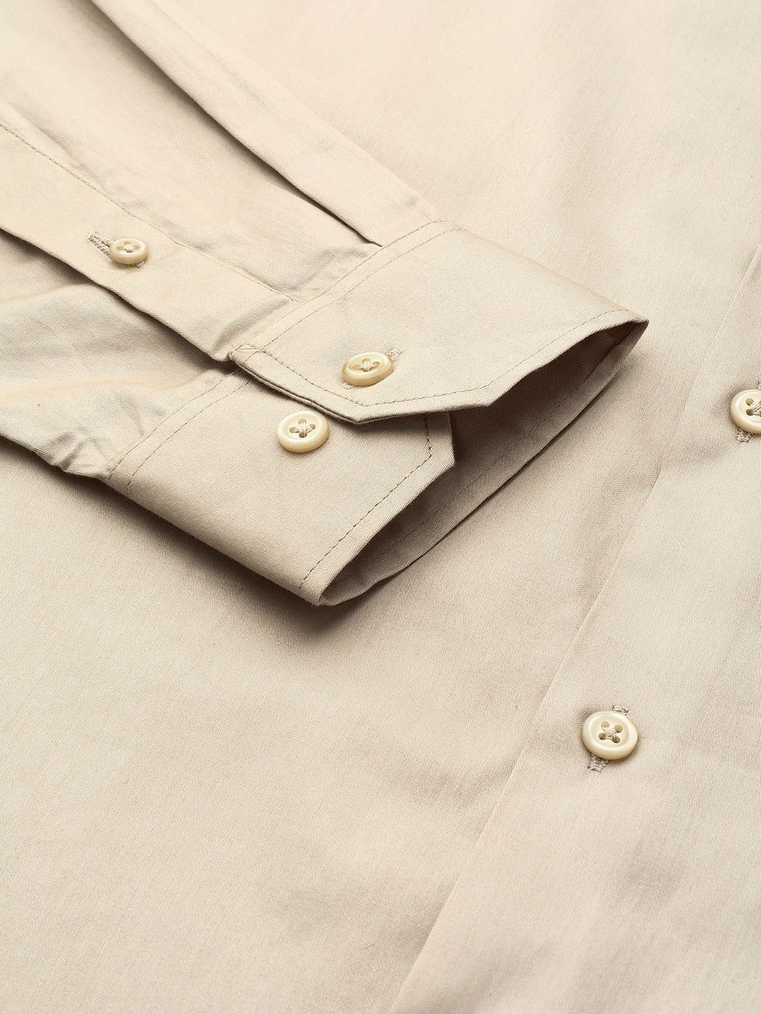 Men Beige Solid Pure Cotton Satin Slim Fit Formal Shirt - #folk republic#