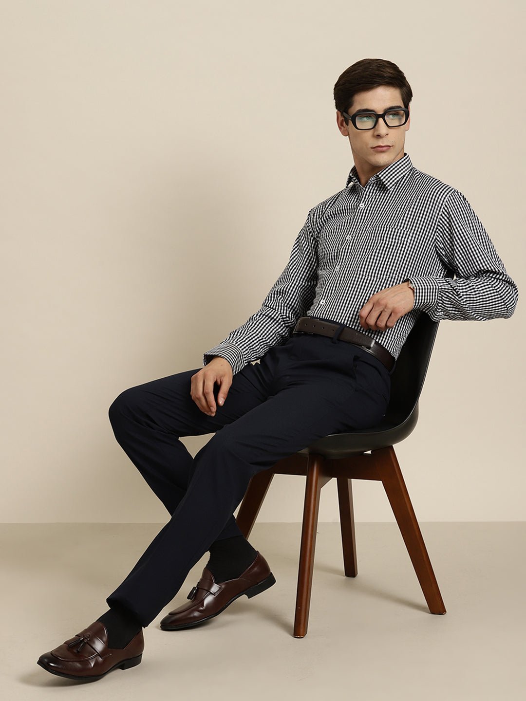 Men Black Gingham Check Cotton Rich Slim fit Formal Shirt - #folk republic#