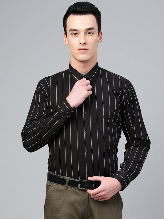Men Black Pure Cotton Striped Slim Fit Formal Shirt - #folk republic#