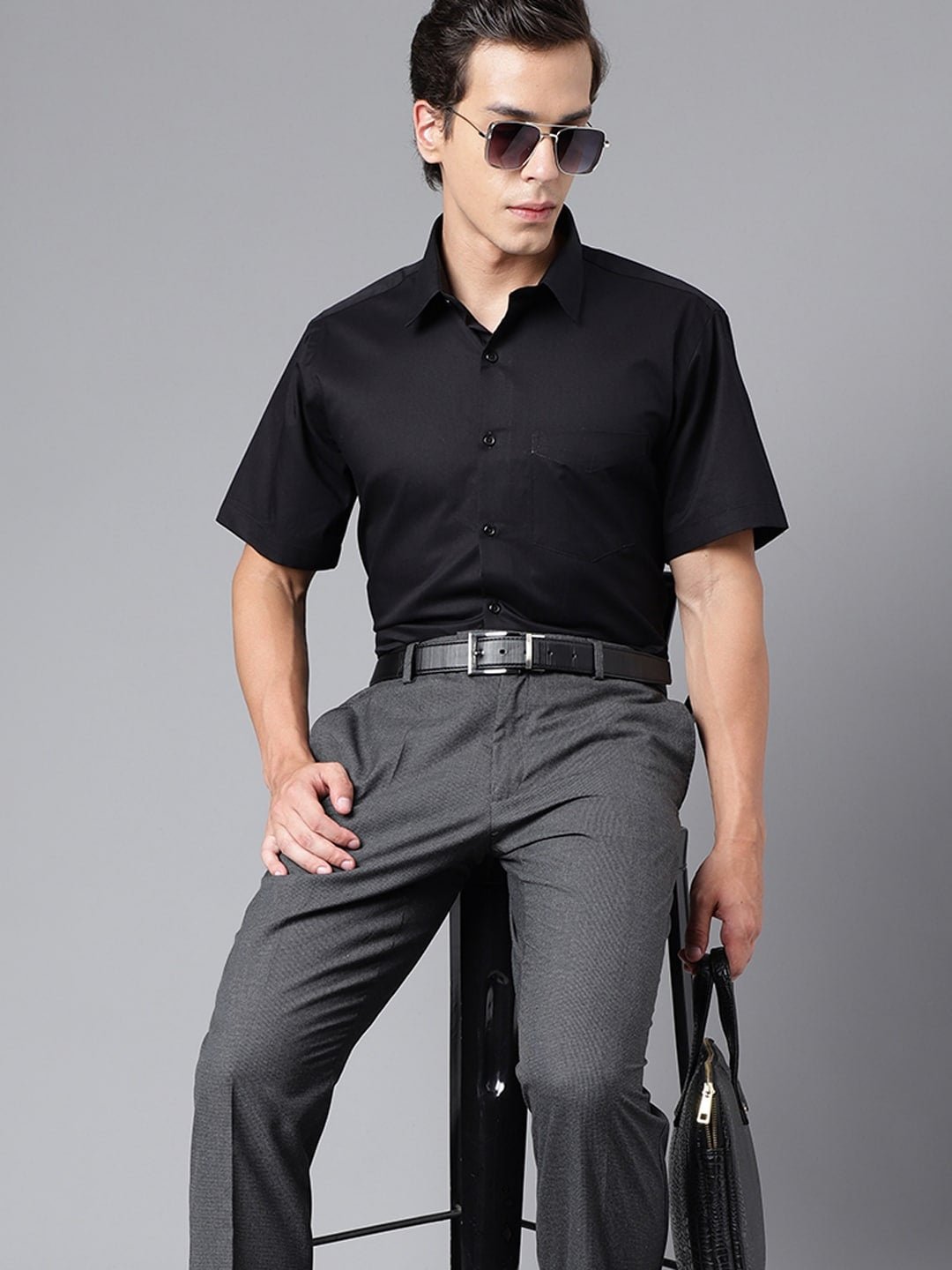 Men Black Solid Pure Cotton Slim Fit Formal Shirt - #folk republic#