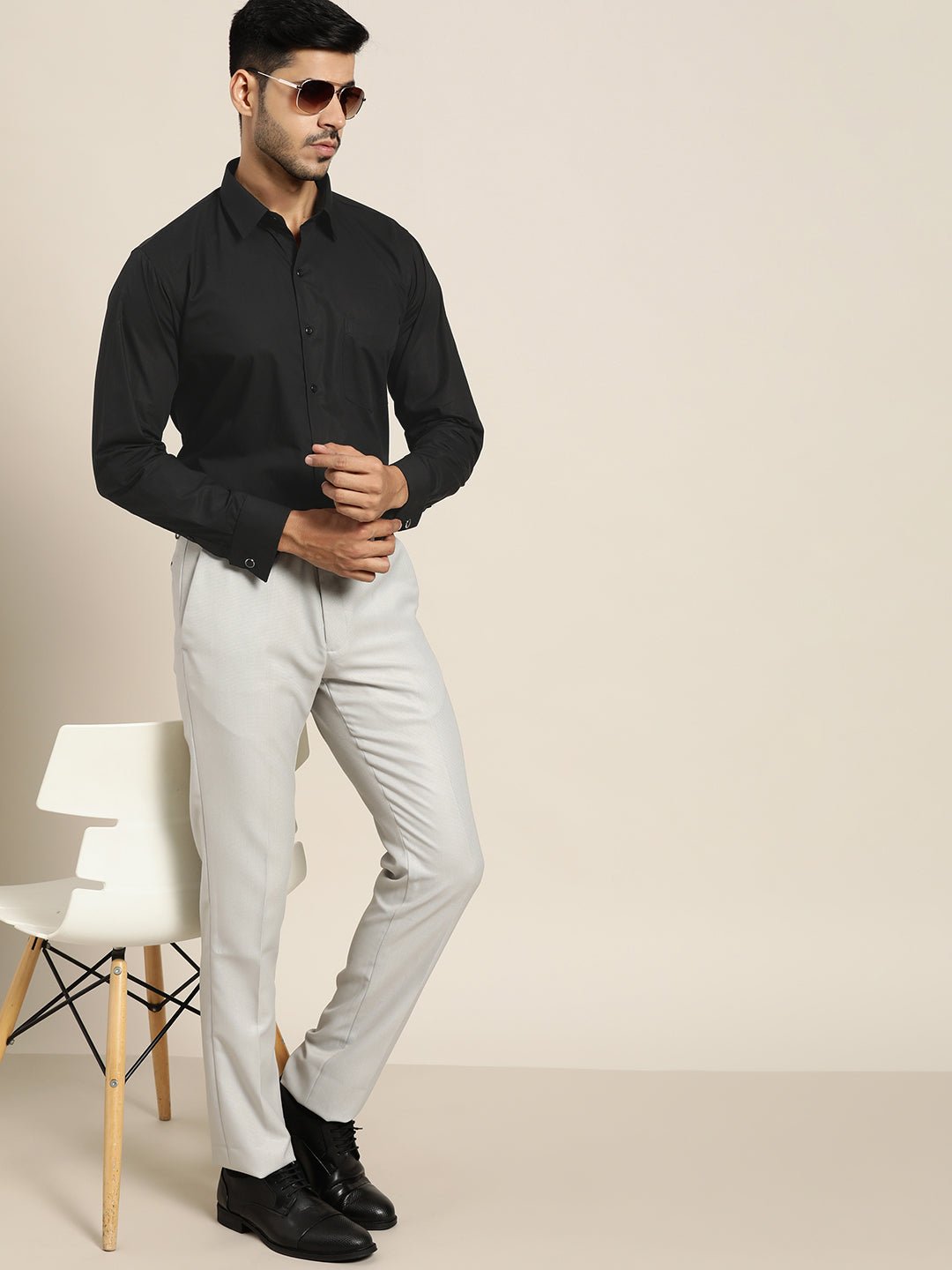 Men Black Solid Pure Cotton Slim Fit French Cuff Formal Shirts - #folk republic#