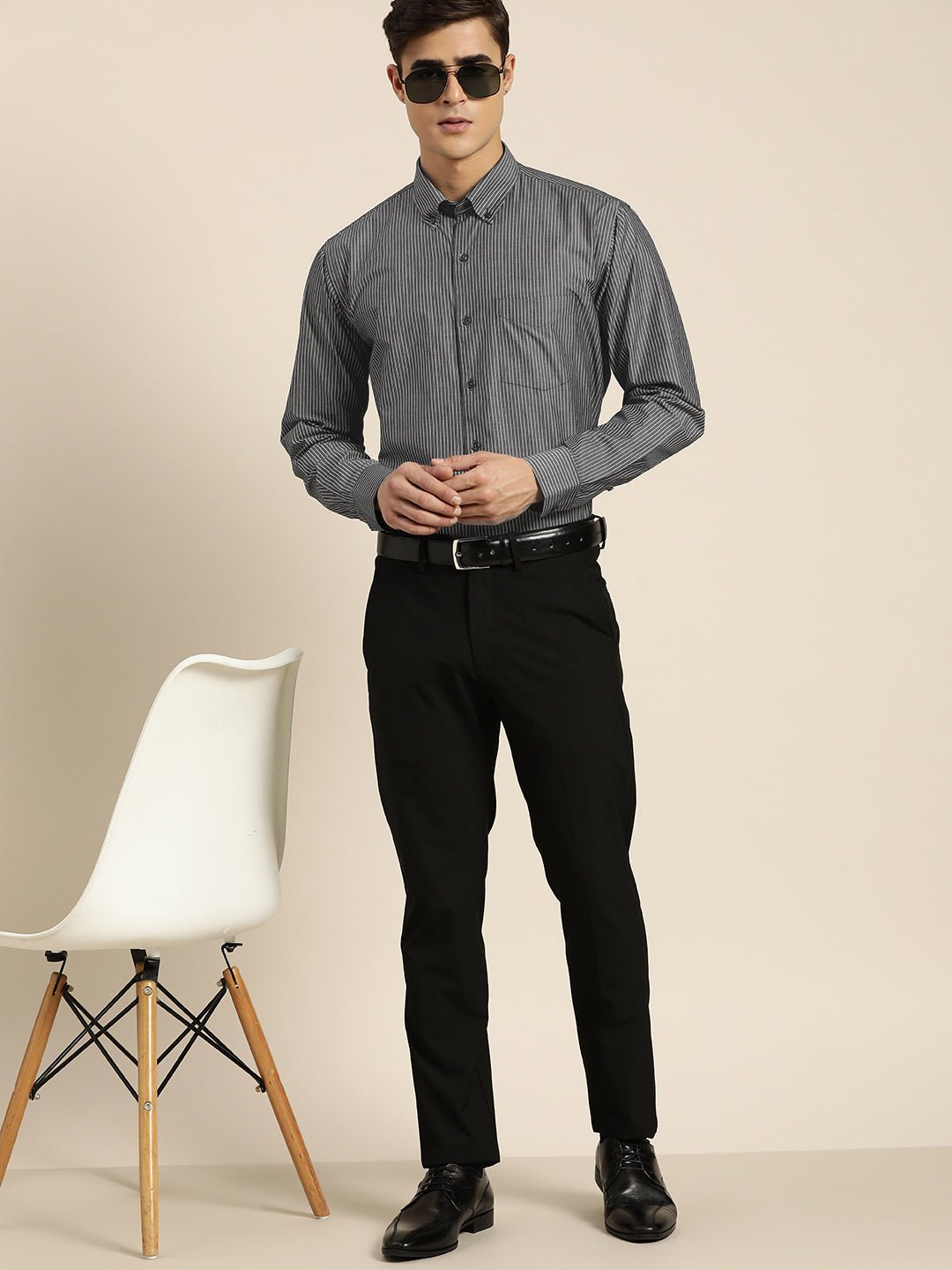Men Black & White Stripes Pure Cotton Slim fit Formal Shirt - #folk republic#