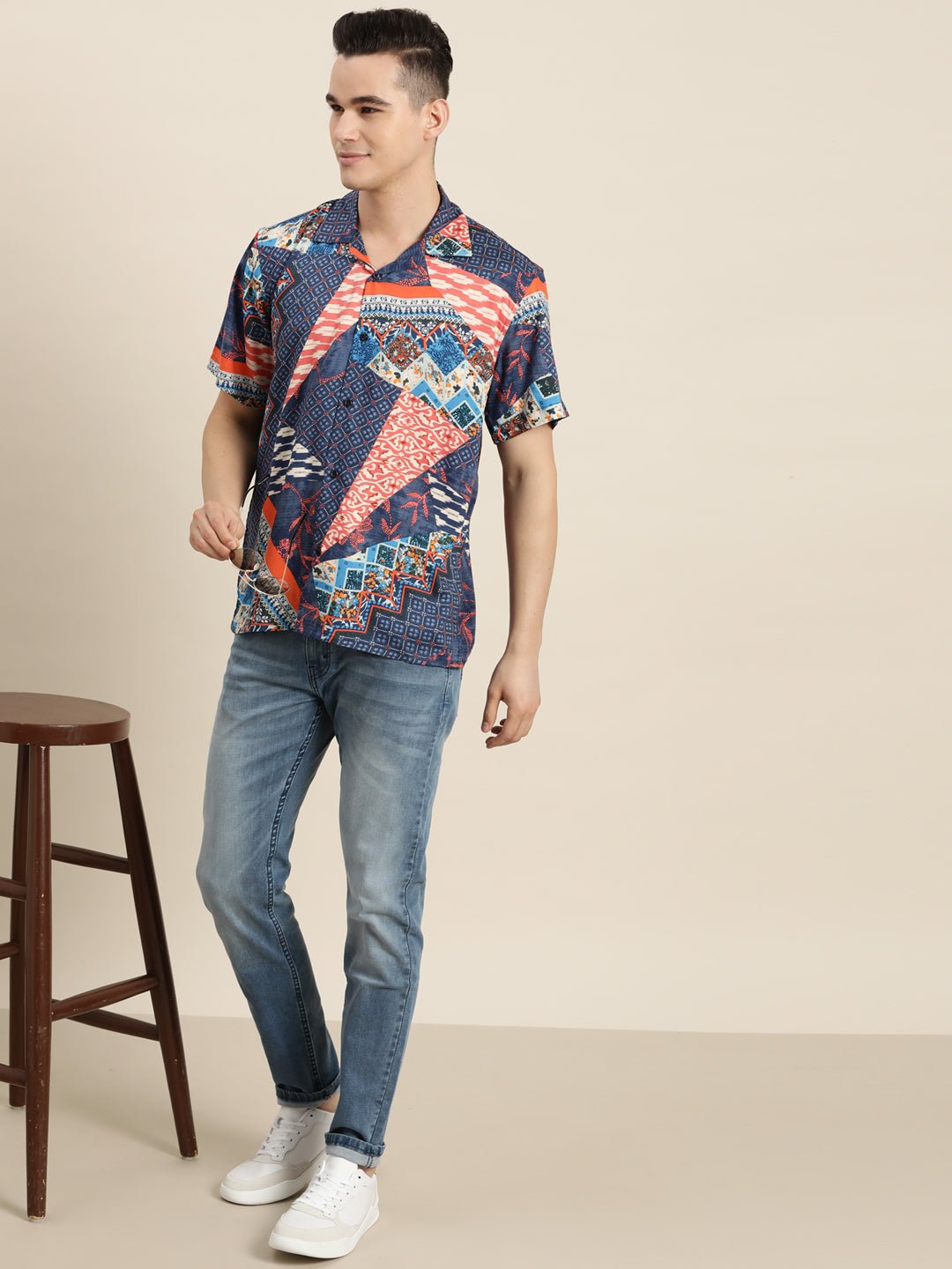 Men Blue & Coral Print Viscose Rayon Relaxed Fit Casual Resort Shirt - #folk republic#